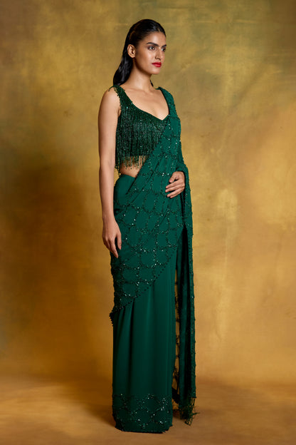 Sari Set in Fish Scale Design in Tonal Sequin Embroidery