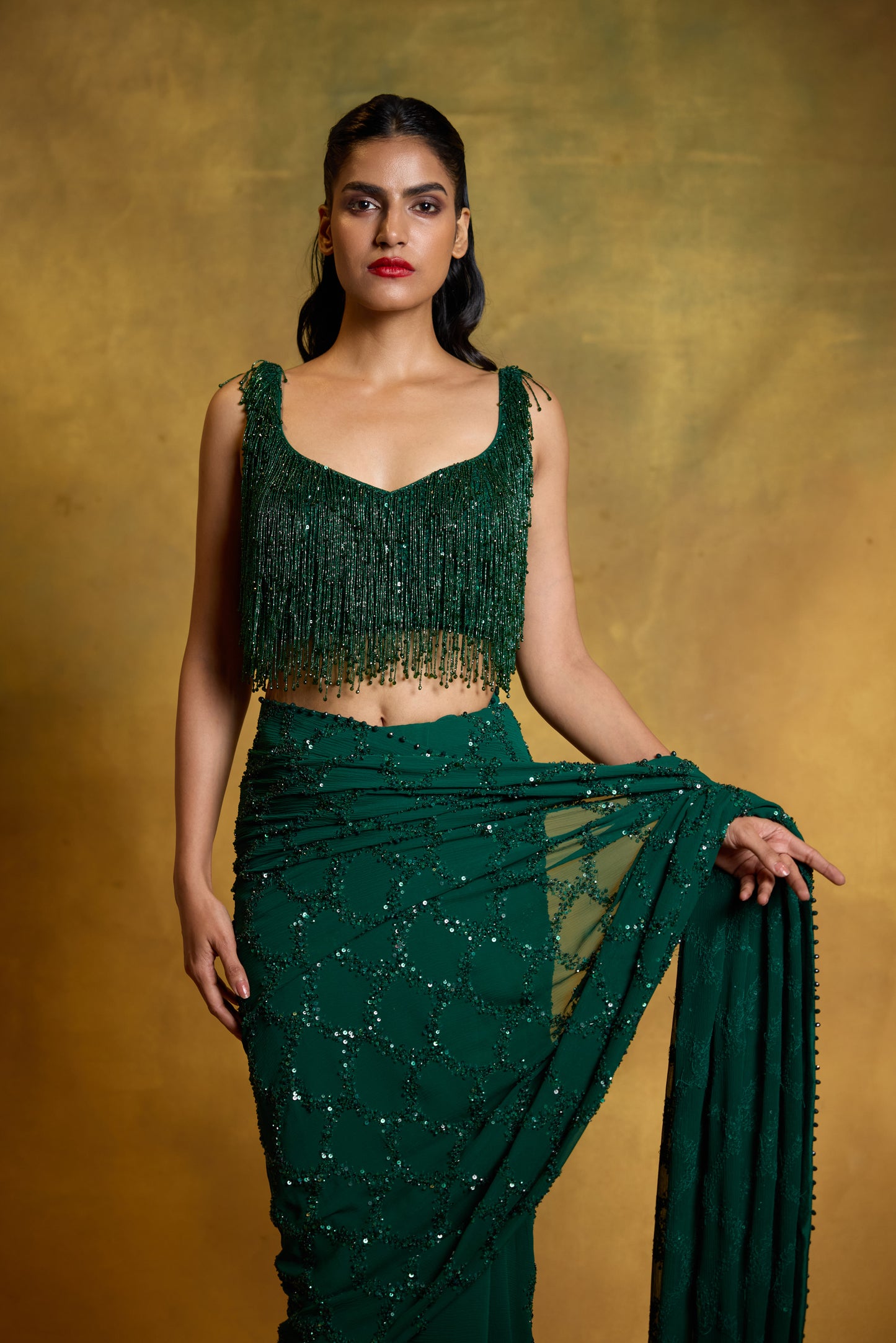 Sari Set in Fish Scale Design in Tonal Sequin Embroidery