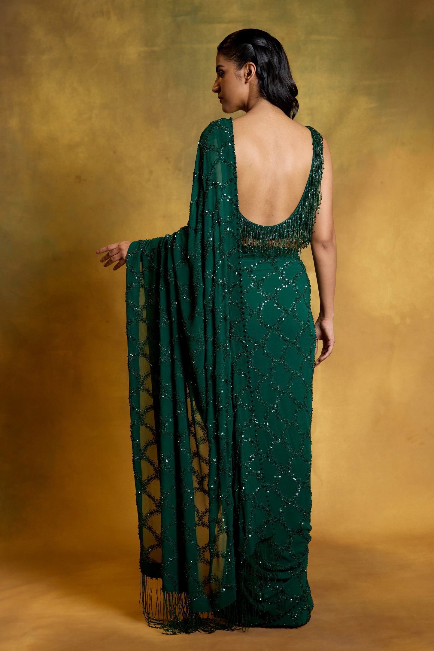 Sari Set in Fish Scale Design in Tonal Sequin Embroidery