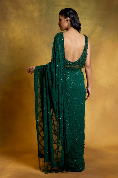 Sari Set in Fish Scale Design in Tonal Sequin Embroidery