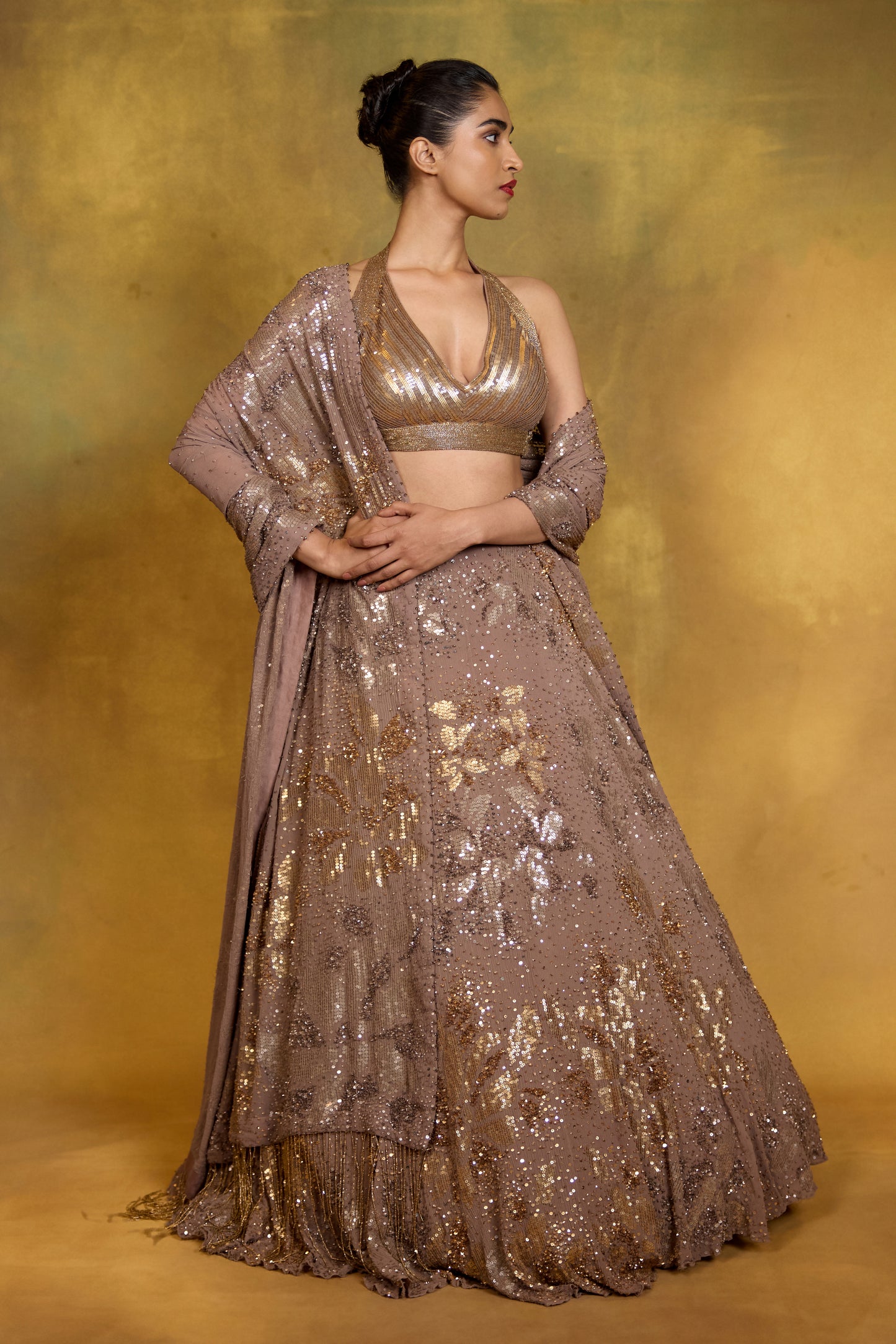 Lehenga Set in Floral Sprinkle Sequin Embroidery
