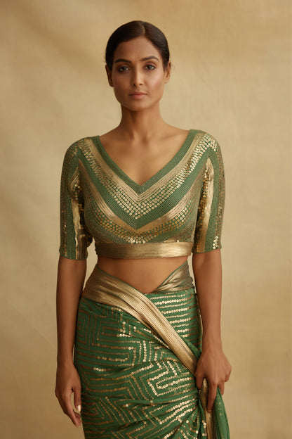 Sari Set in Gold Sequin Embroidery in Maze Design