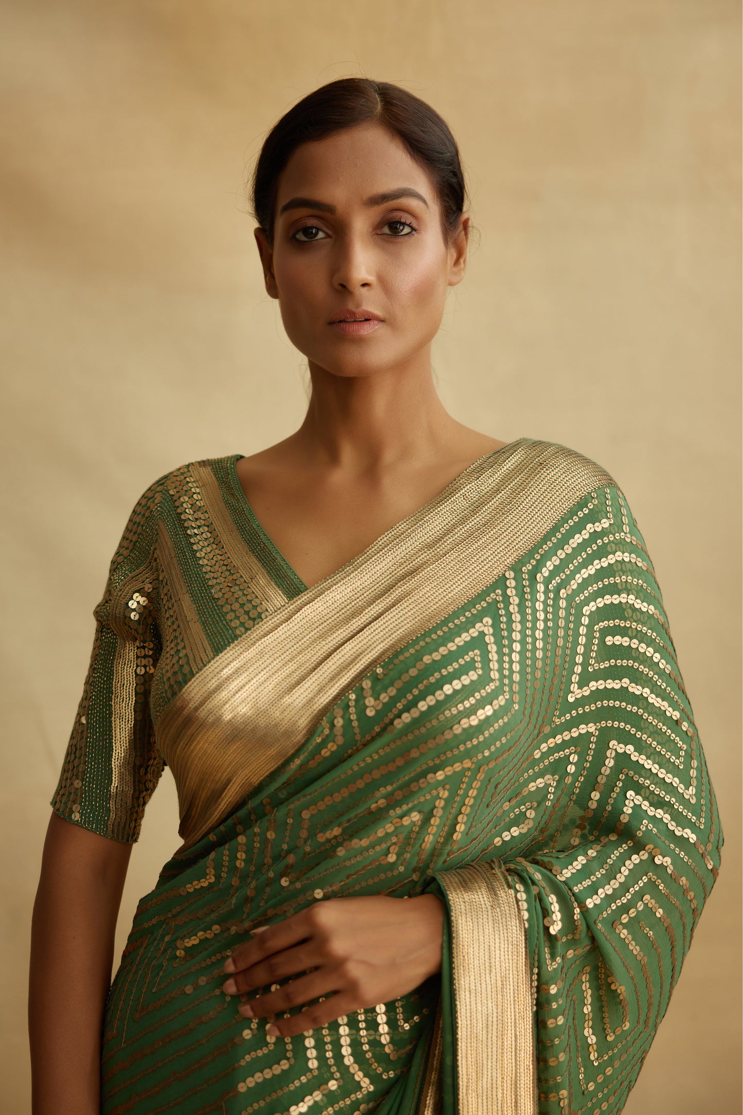 Sari Set in Gold Sequin Embroidery in Maze Design