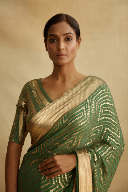 Sari Set in Gold Sequin Embroidery in Maze Design