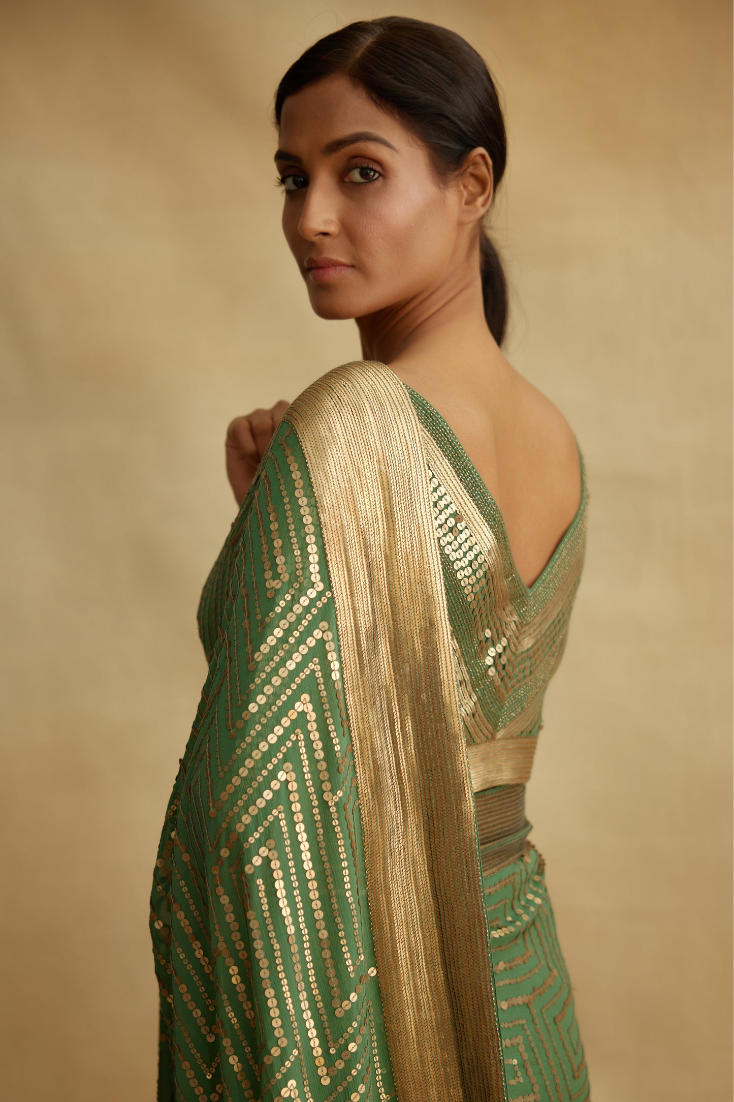 Sari Set in Gold Sequin Embroidery in Maze Design