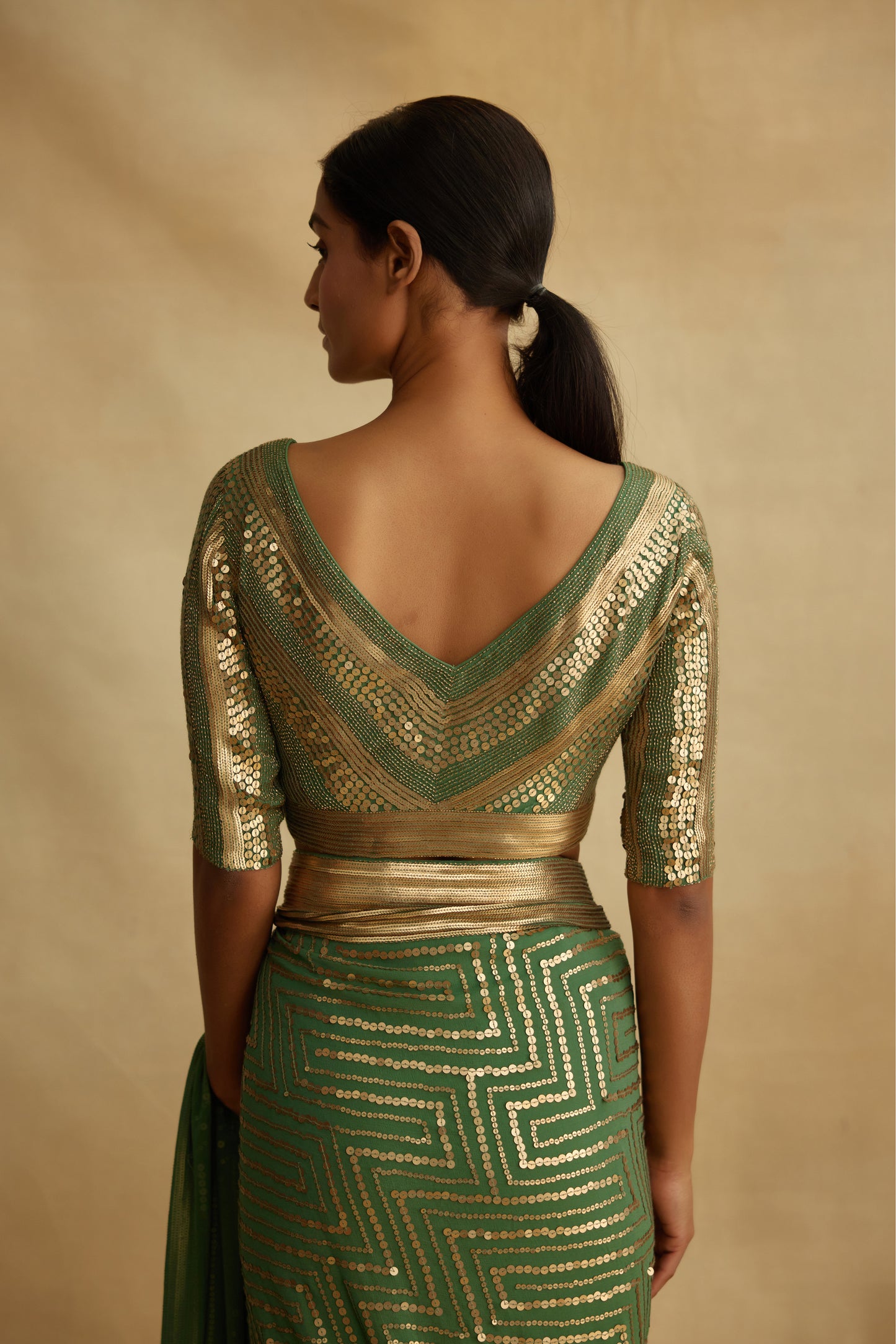 Sari Set in Gold Sequin Embroidery in Maze Design