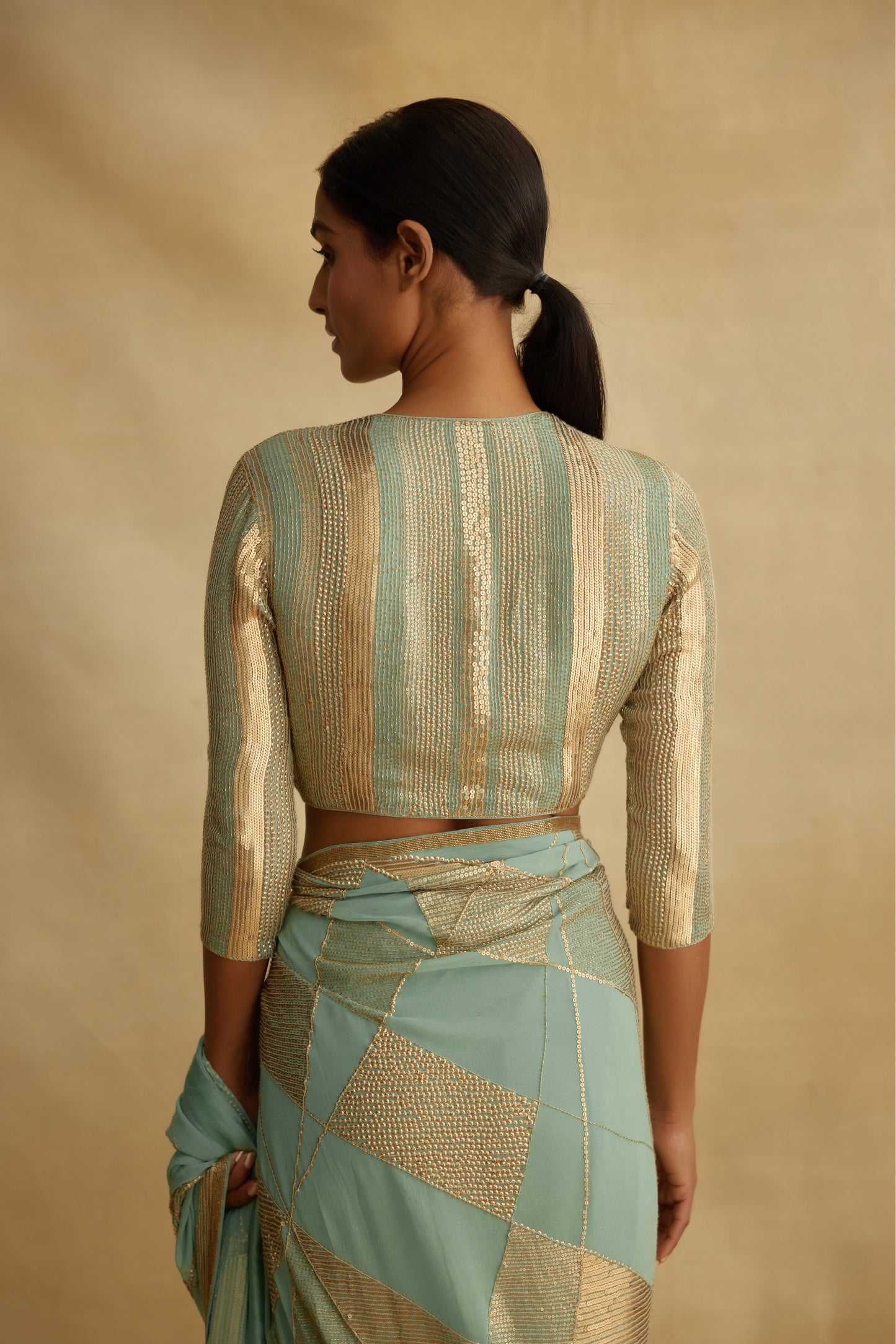 Sari Set in Trapeze Geometric Design in Sequin Embroidery