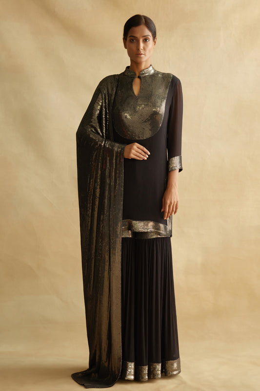 Gharara Set in Gunmetal Sequin Embroidery