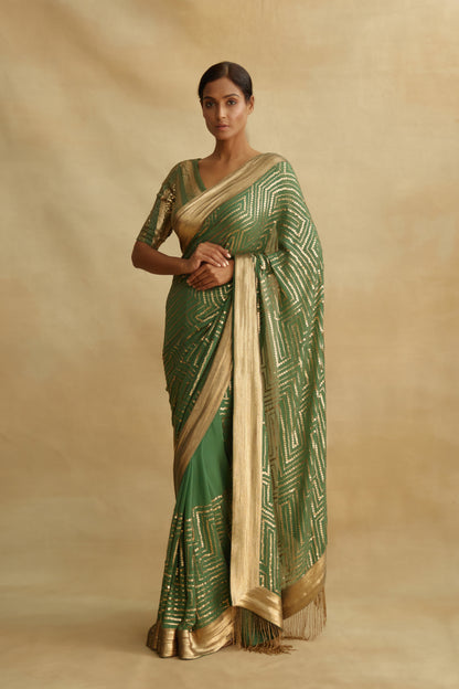 Sari Set in Gold Sequin Embroidery in Maze Design