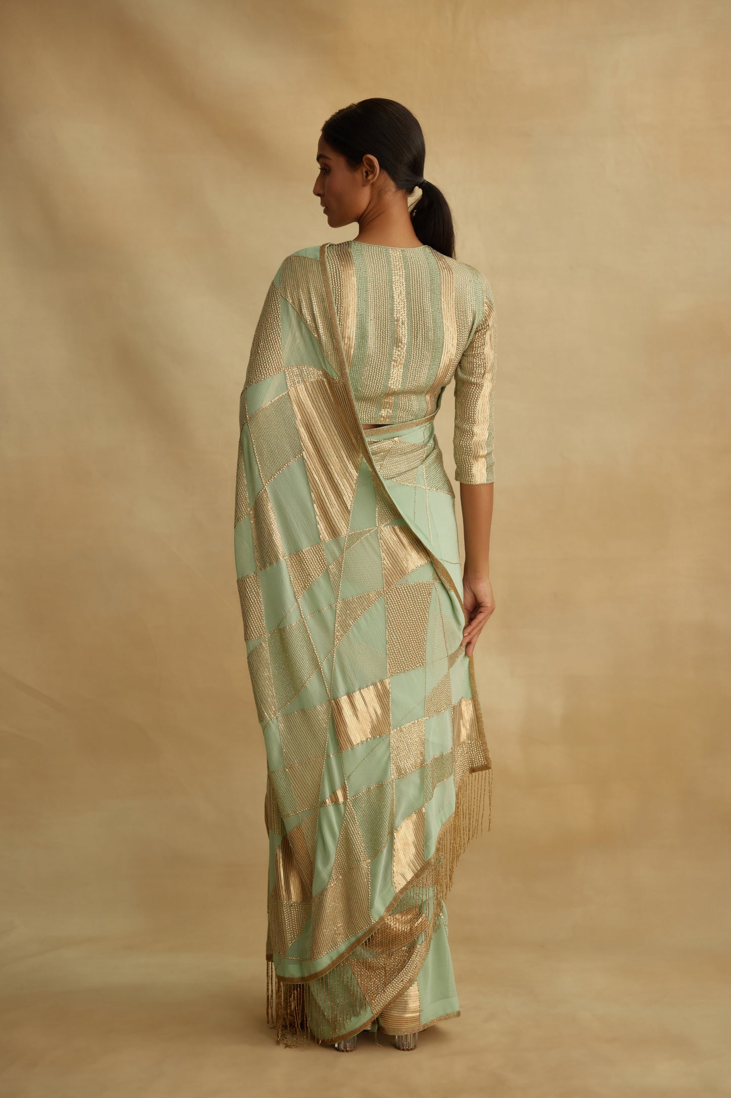 Sari Set in Trapeze Geometric Design in Sequin Embroidery