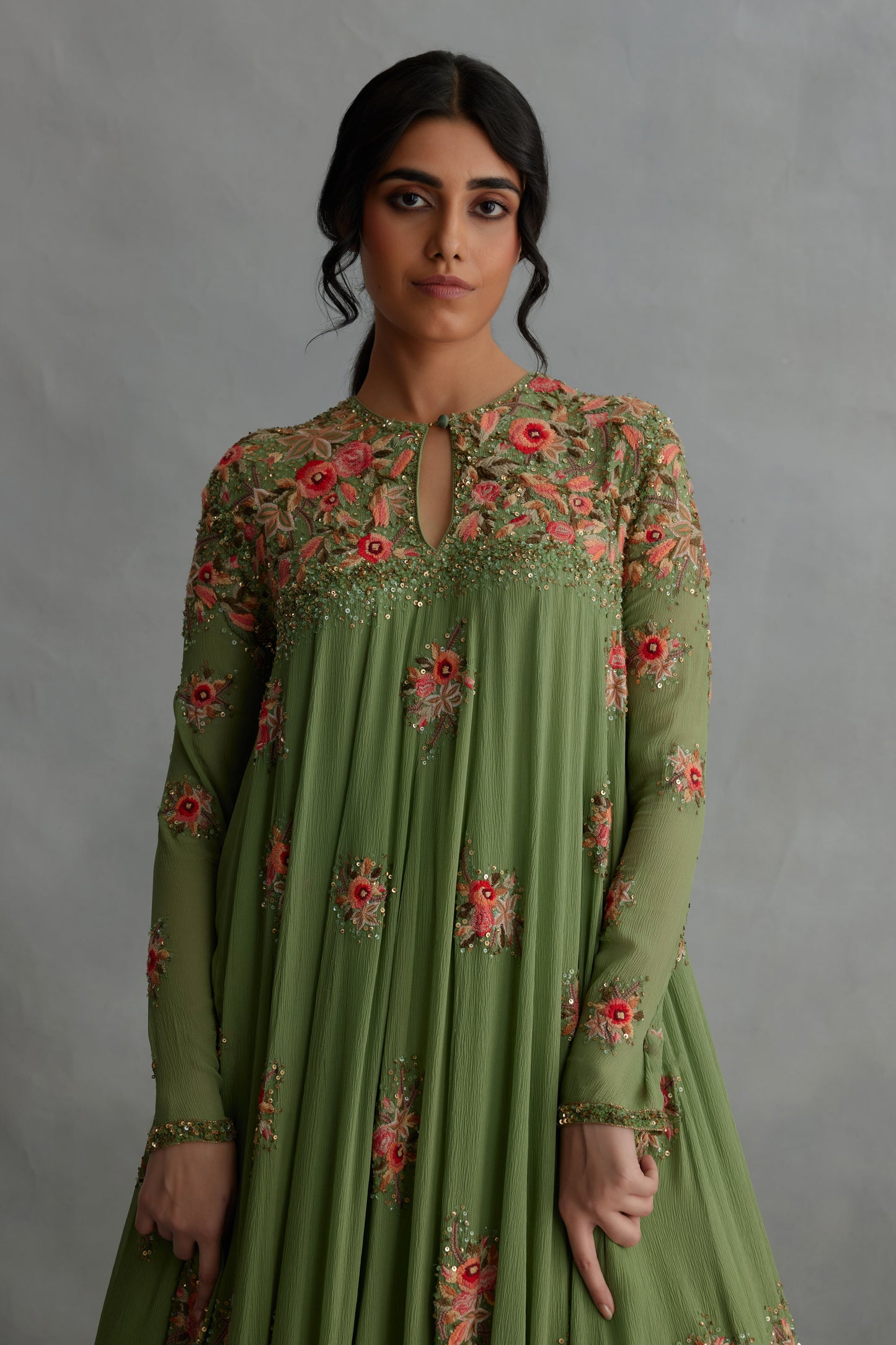 Anarkali Kurta Set in Floral Thread Embroidery