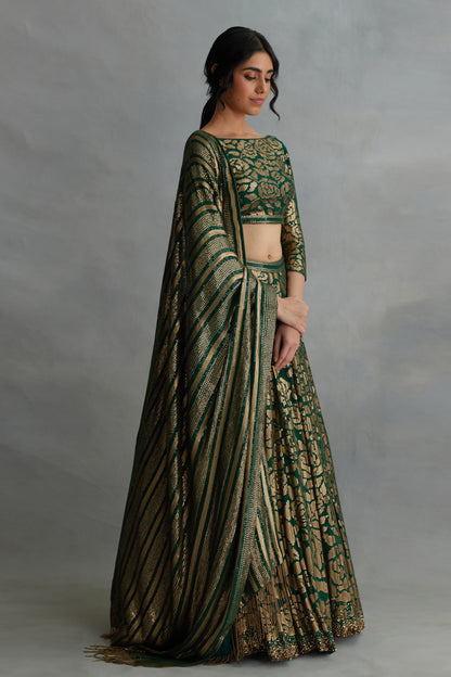 Lehenga Set in Signature Rose Pattern Gold Sequin Embroidery