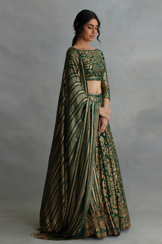 Lehenga Set in Signature Rose Pattern Gold Sequin Embroidery