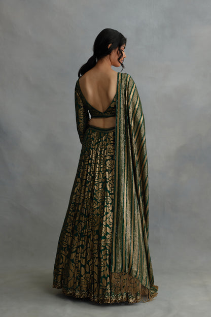Lehenga Set in Signature Rose Pattern Gold Sequin Embroidery
