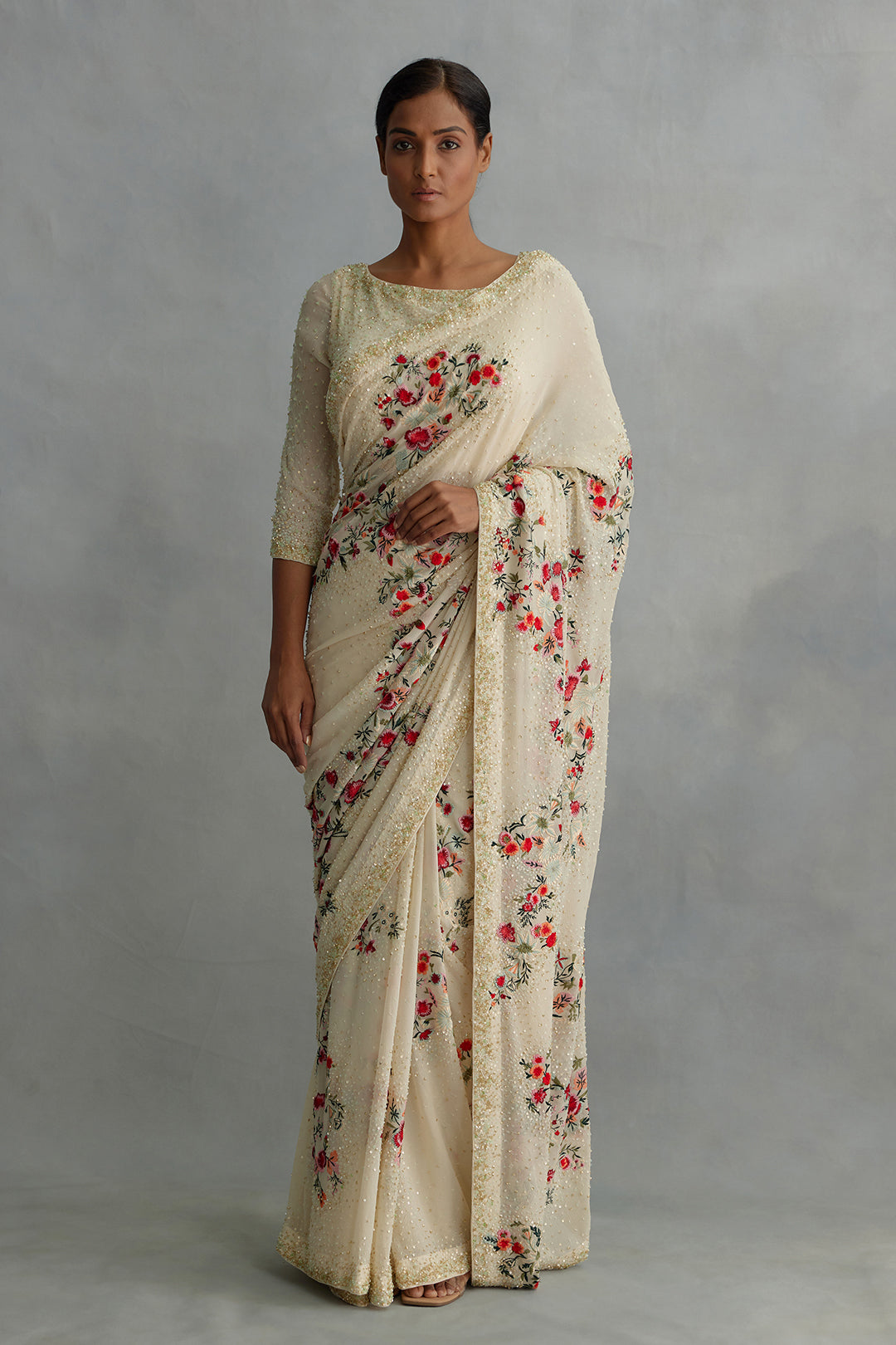 Sari with Floral Thread and Sequin Embroidery