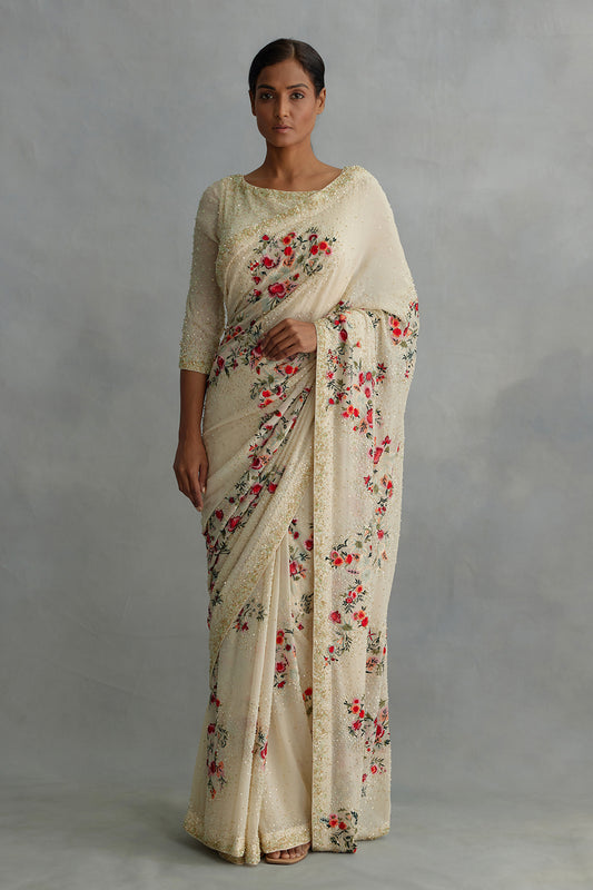 Sari with Floral Thread and Sequin Embroidery