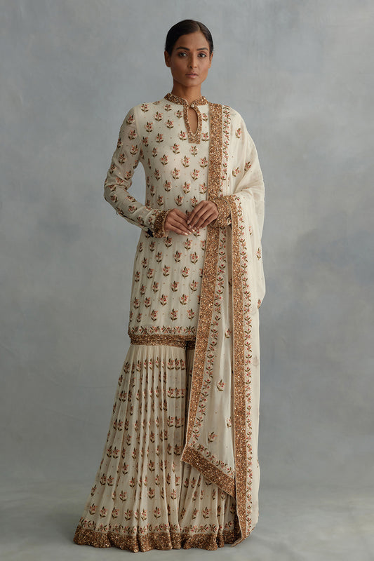 Gharara Set in Floral Motif Thread Embroidery