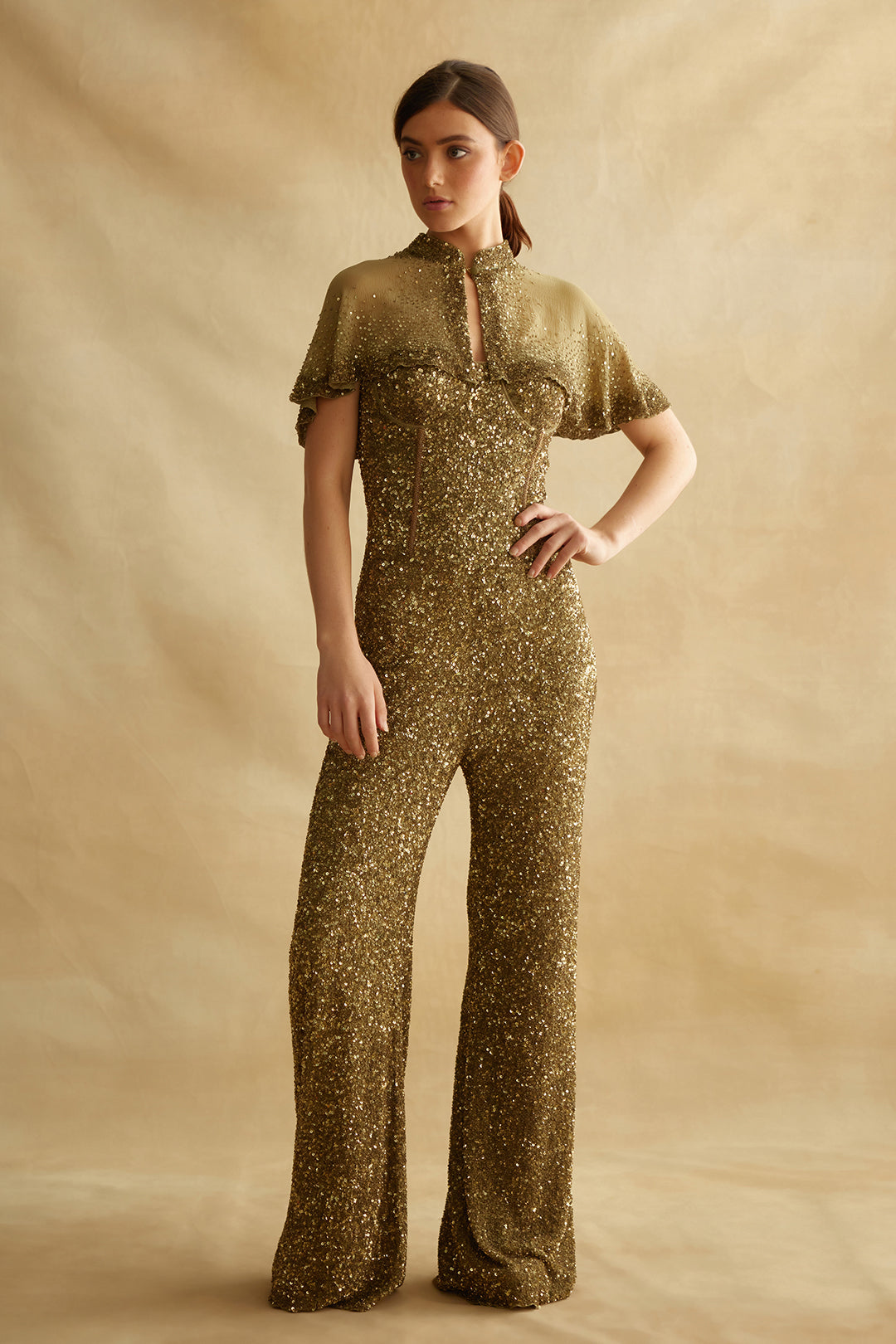 Sequin Jumpsuit with a Capelet  in Sequin Embroidery