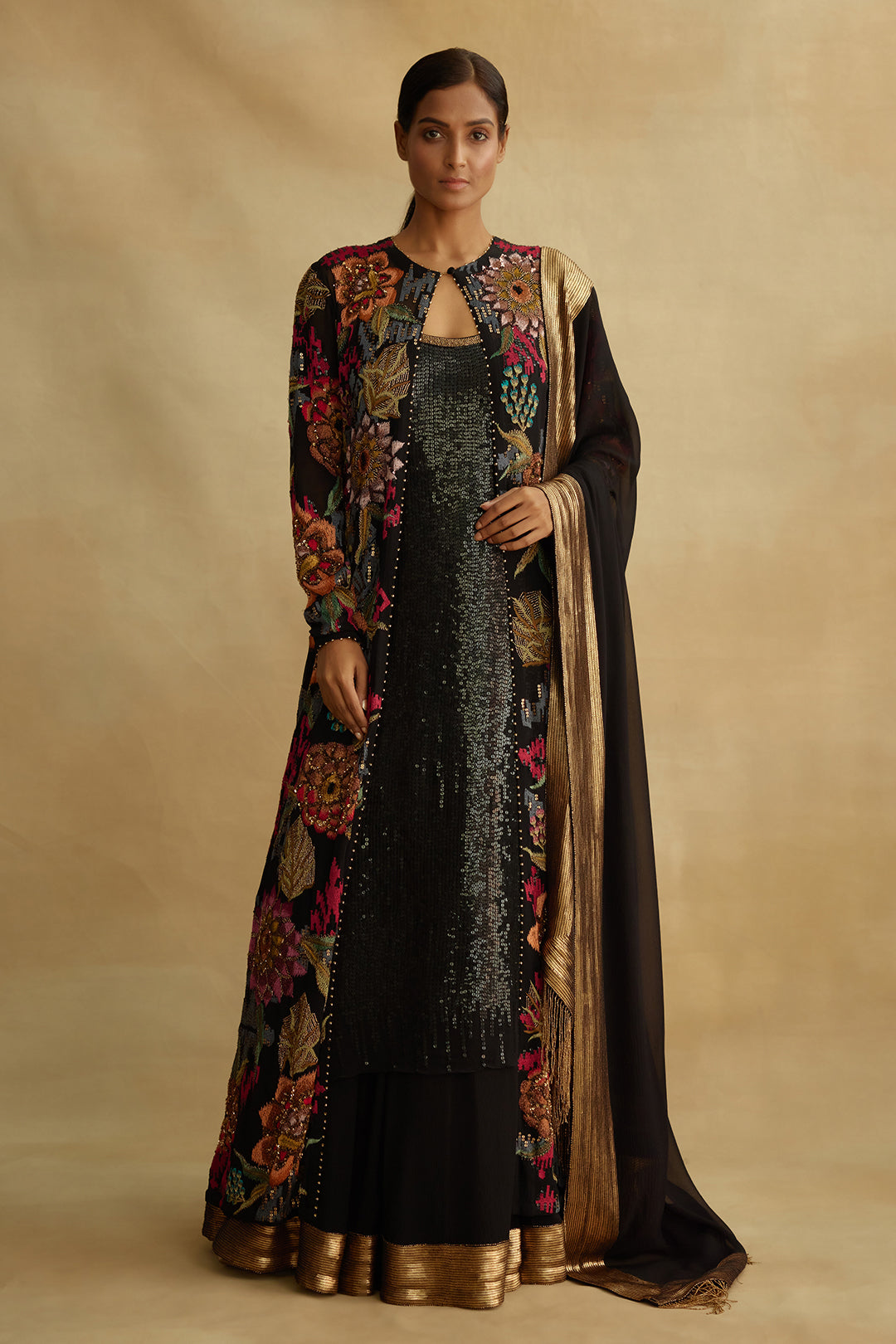 Jacket Set in Ikkat Floral Embroidery