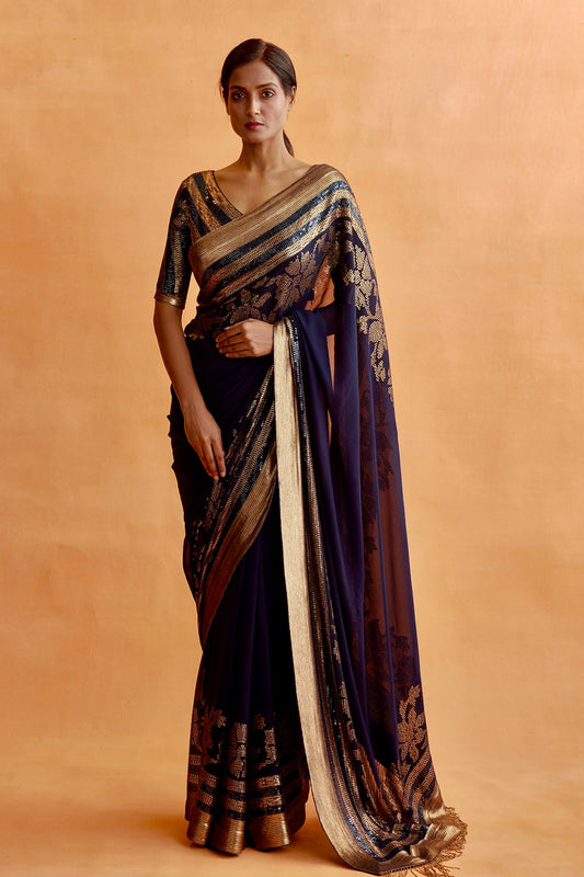 Sari Set in a floral motif in gold sequins