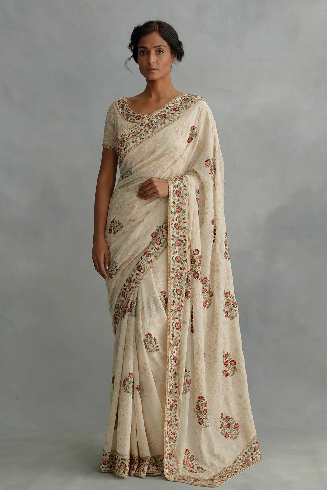 Sari Set in Floral Motif and Tonal Jaal Thread Embroidery