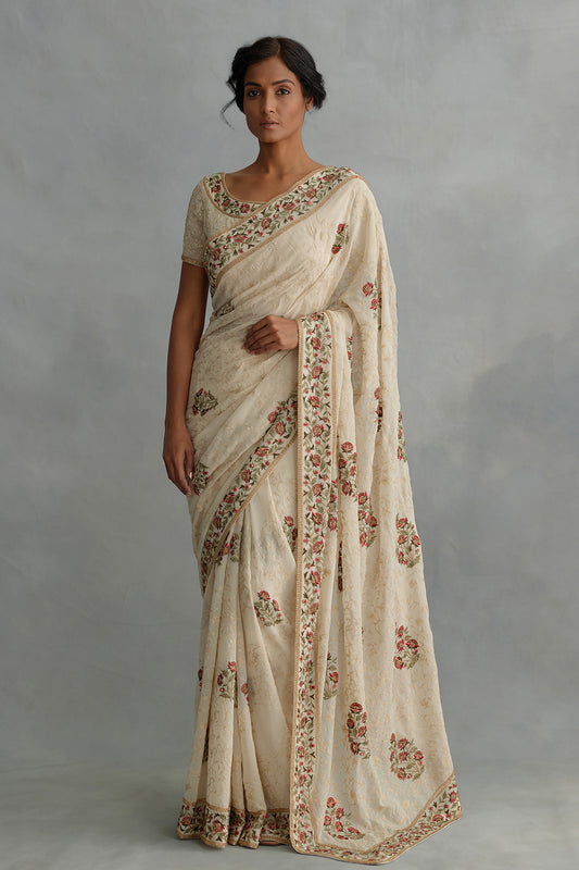 Sari Set in Floral Motif and Tonal Jaal Thread Embroidery