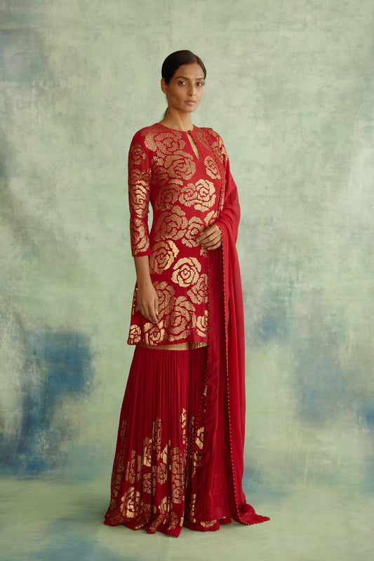 Gharara Set in Signature Rose design in gold sequin embroidery