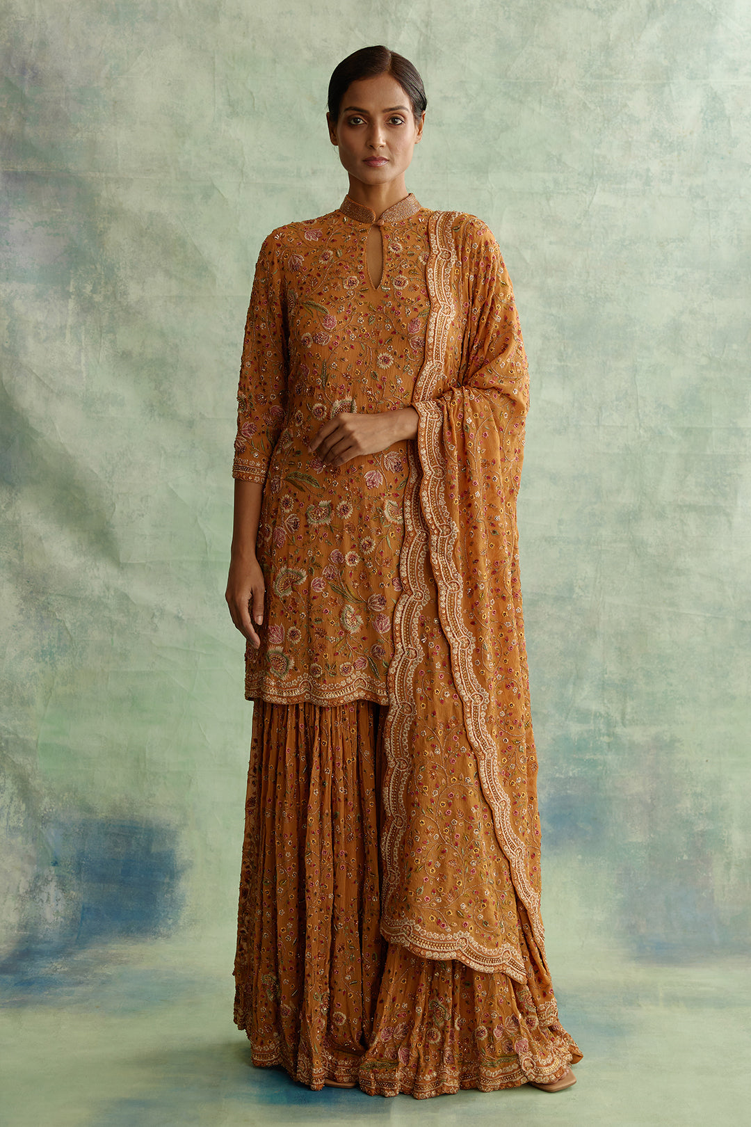 Gharara Set with Floral Thread Embroidery