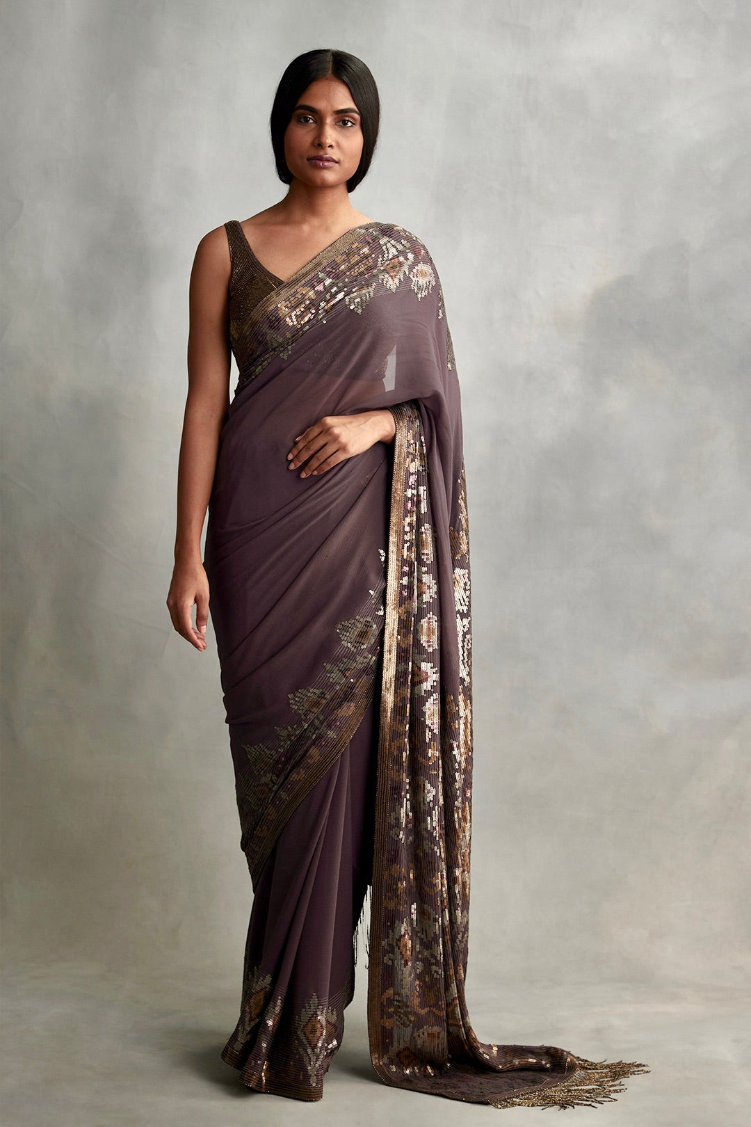Sari Set in Ikkat pattern sequin embroidery