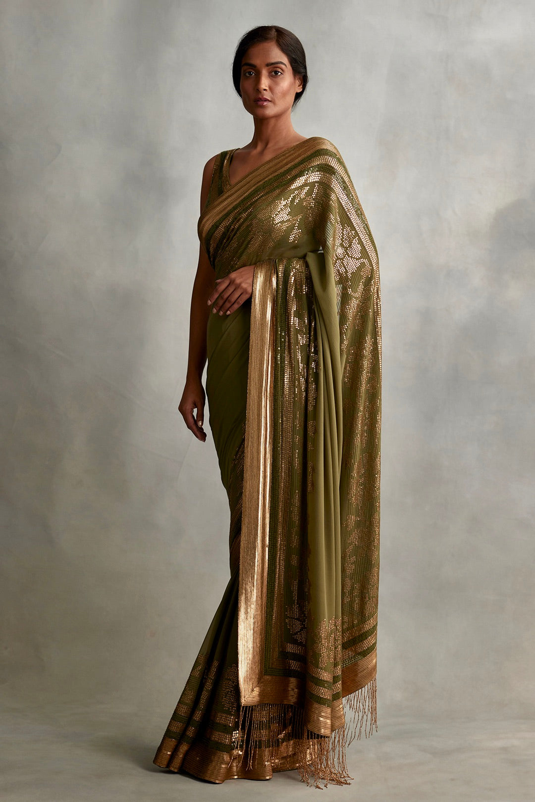 Sari Set in a floral motif in gold sequin embroidery