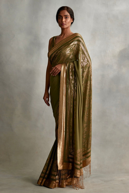 Sari Set in a floral motif in gold sequin embroidery