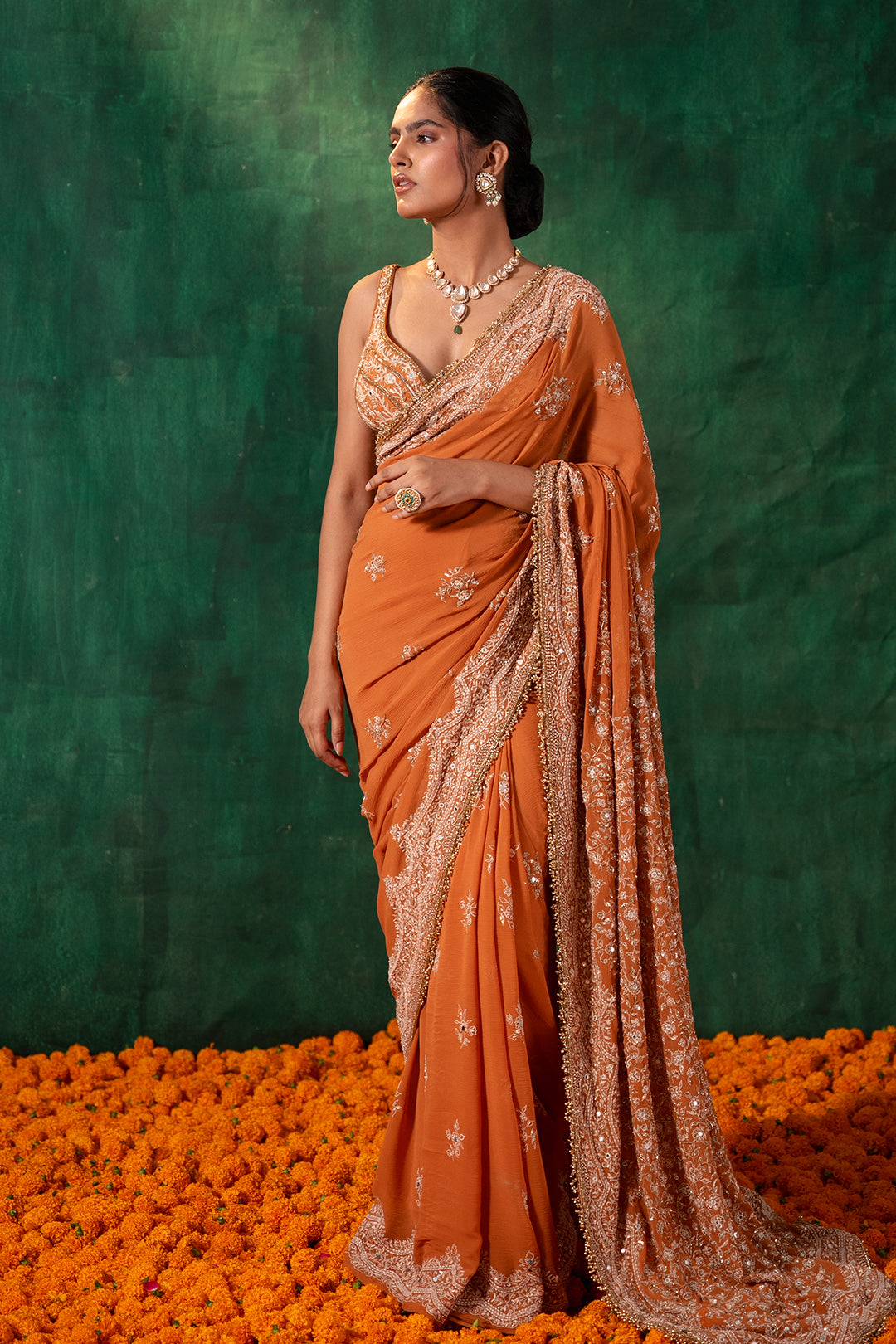Sari Set with Thread and Mirror Embroidery