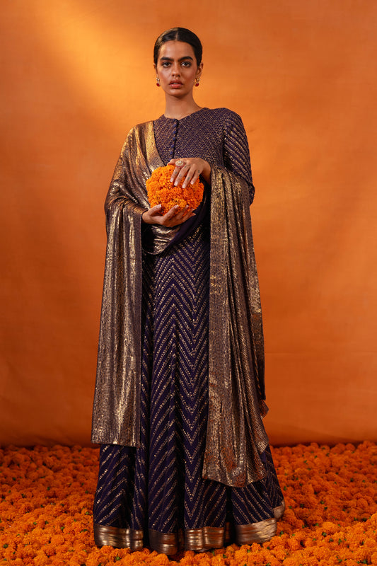 Anarkali Kurta Set in Gołd Sequin Embroidery