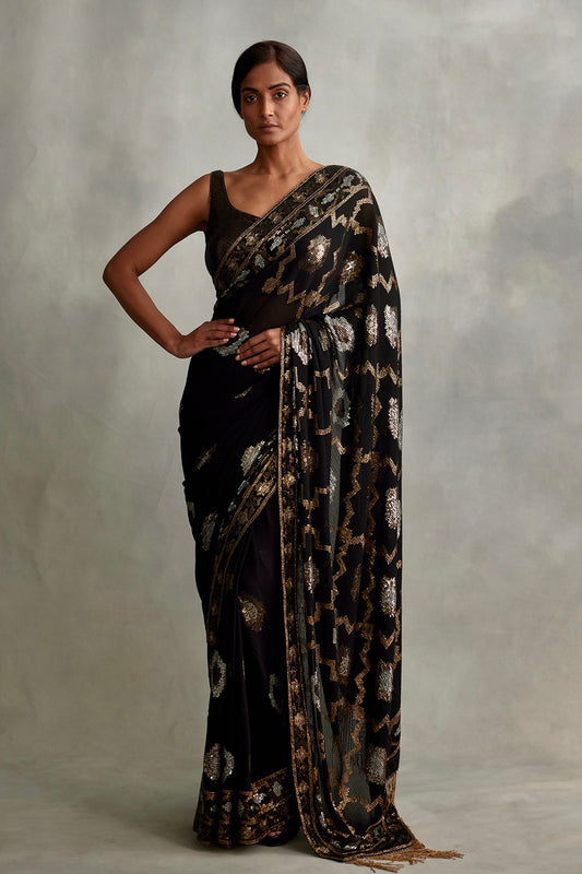 Sari in Gold and Silver Mix Small Sequin Embroidery