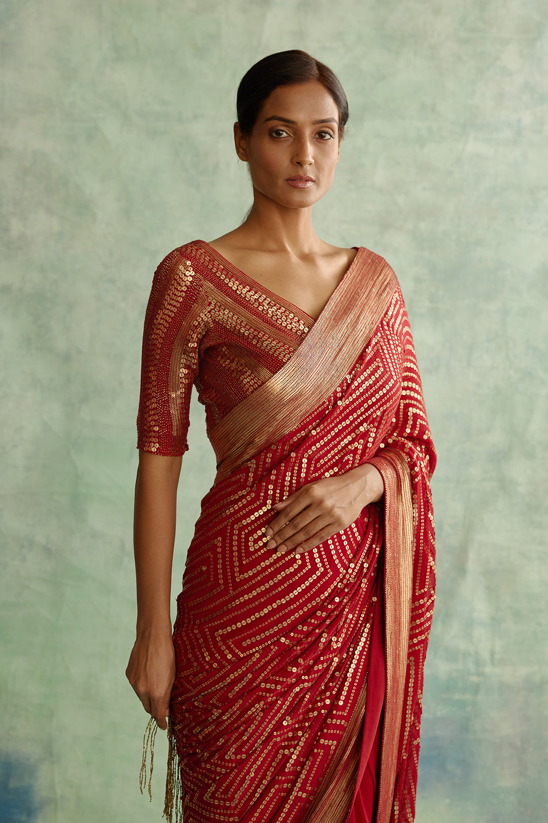 Sari Set in Gold Sequin Embroidery in Maze Design