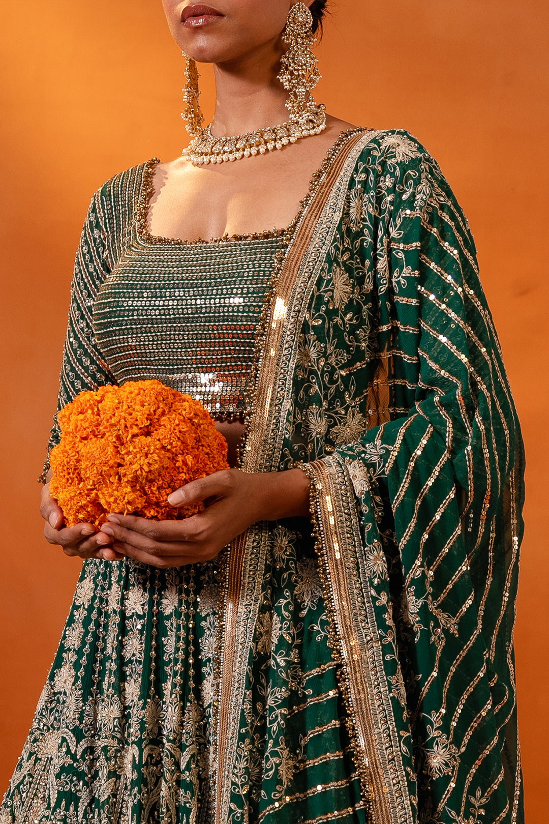 Lehenga Set in Ivory Thread and Sequin Embroidery