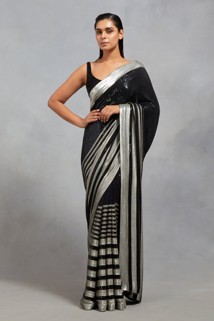 Sari Set In Sequin Stripe Embroidery