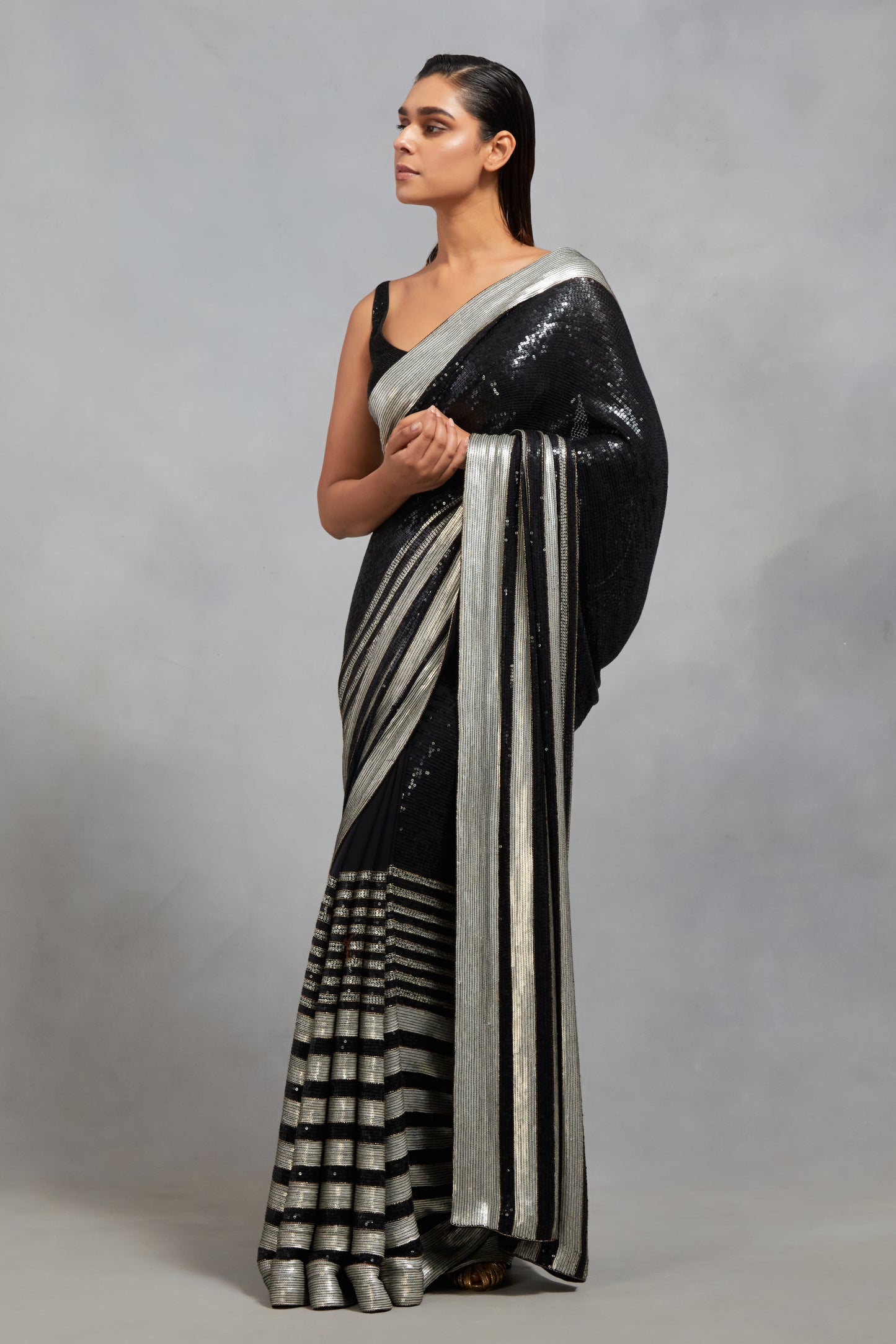 Sari Set In Sequin Stripe Embroidery