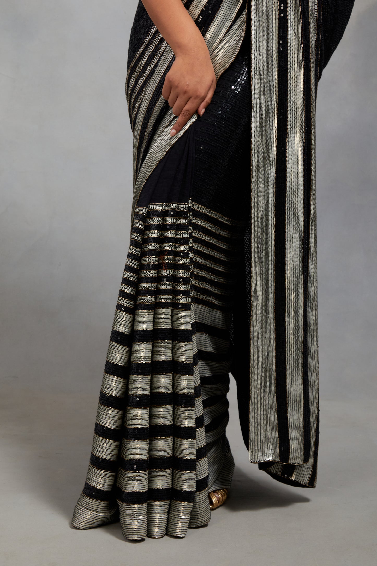 Sari Set In Sequin Stripe Embroidery
