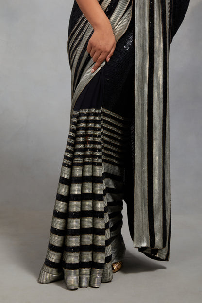 Sari Set In Sequin Stripe Embroidery