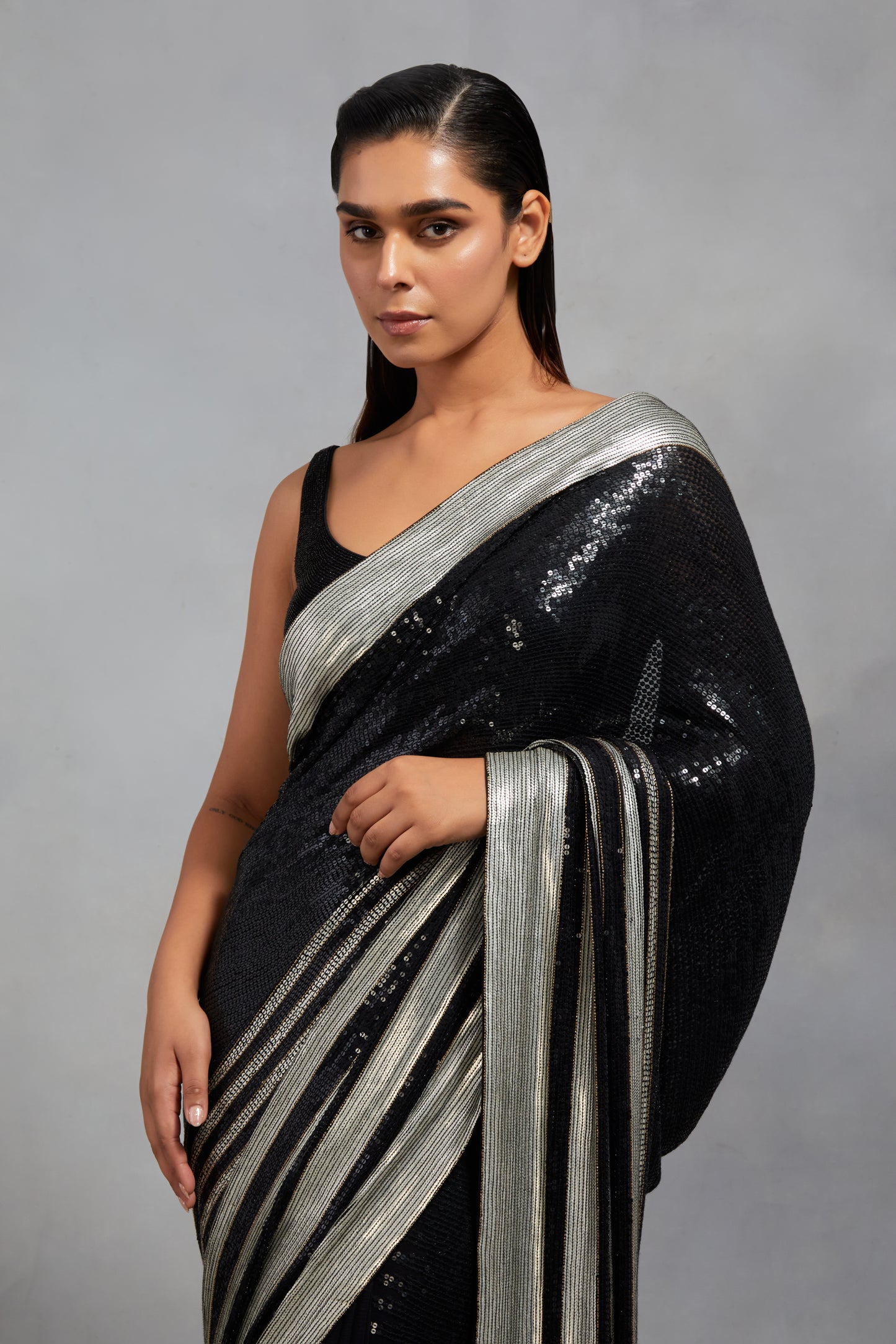 Sari Set In Sequin Stripe Embroidery