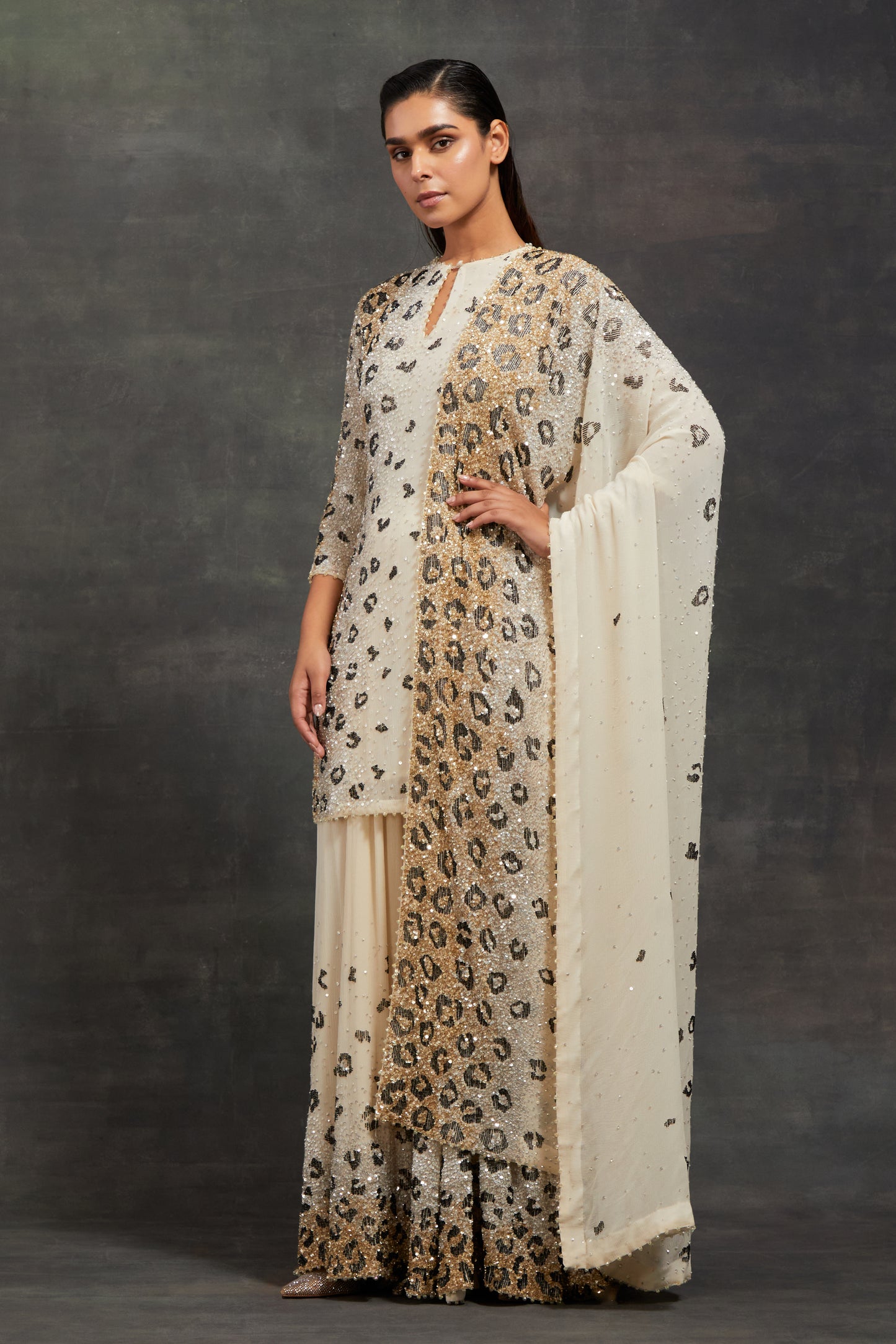 Sharara Set in Sprinkle Sequin Embroidery in a Leopard Design Pattern