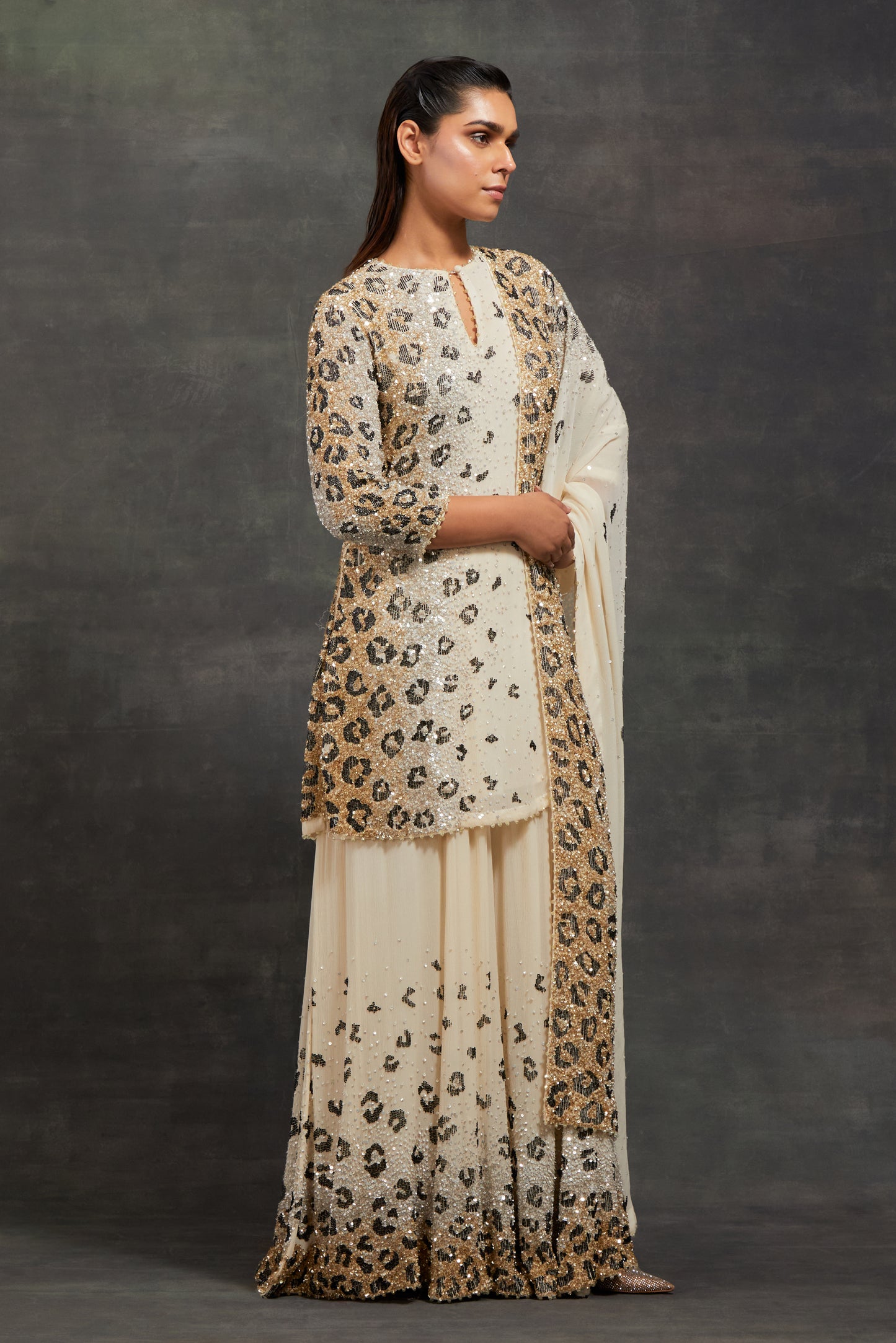 Sharara Set in Sprinkle Sequin Embroidery in a Leopard Design Pattern