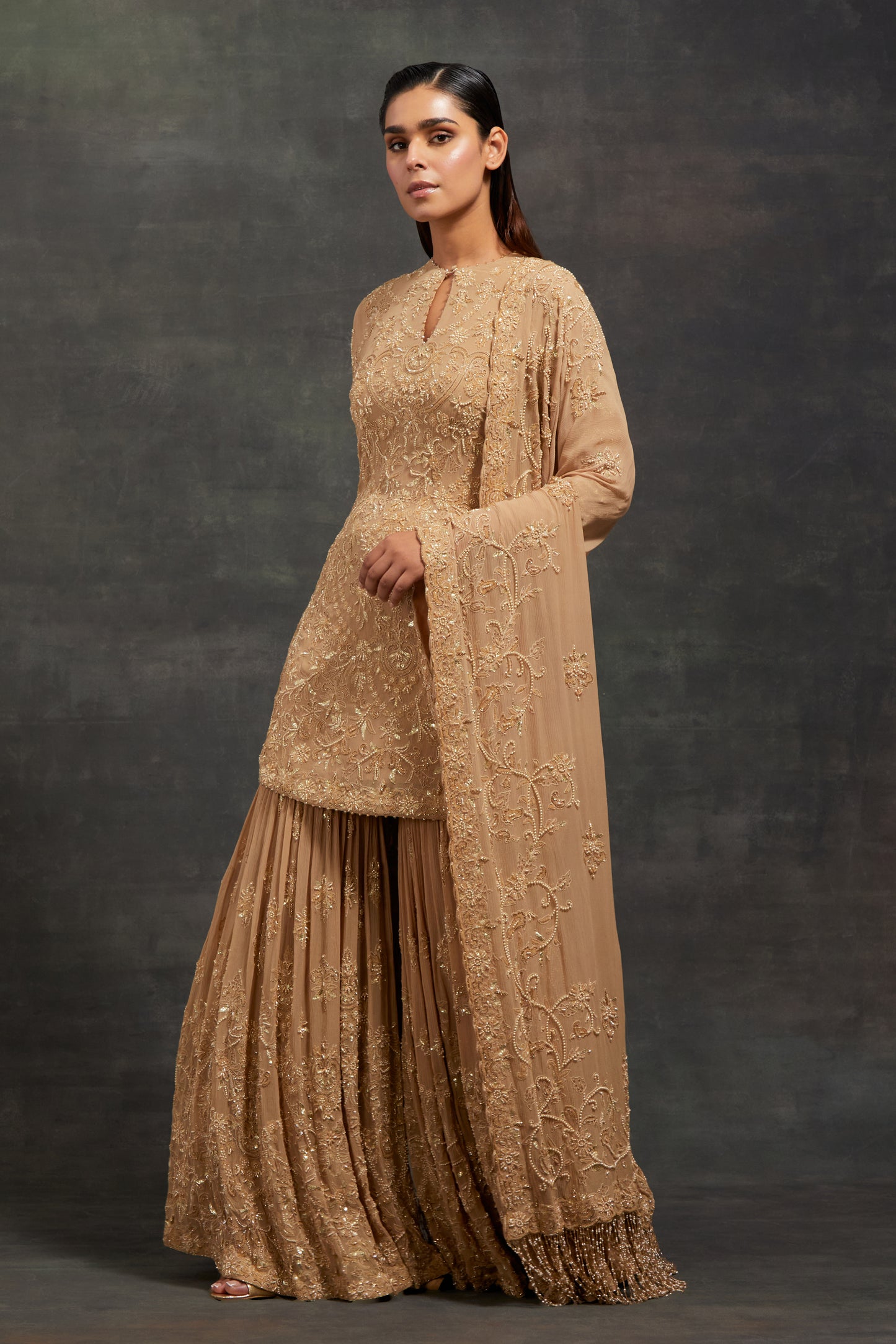 Gharara Set In Pearl, Sequin and Thread Embroidery