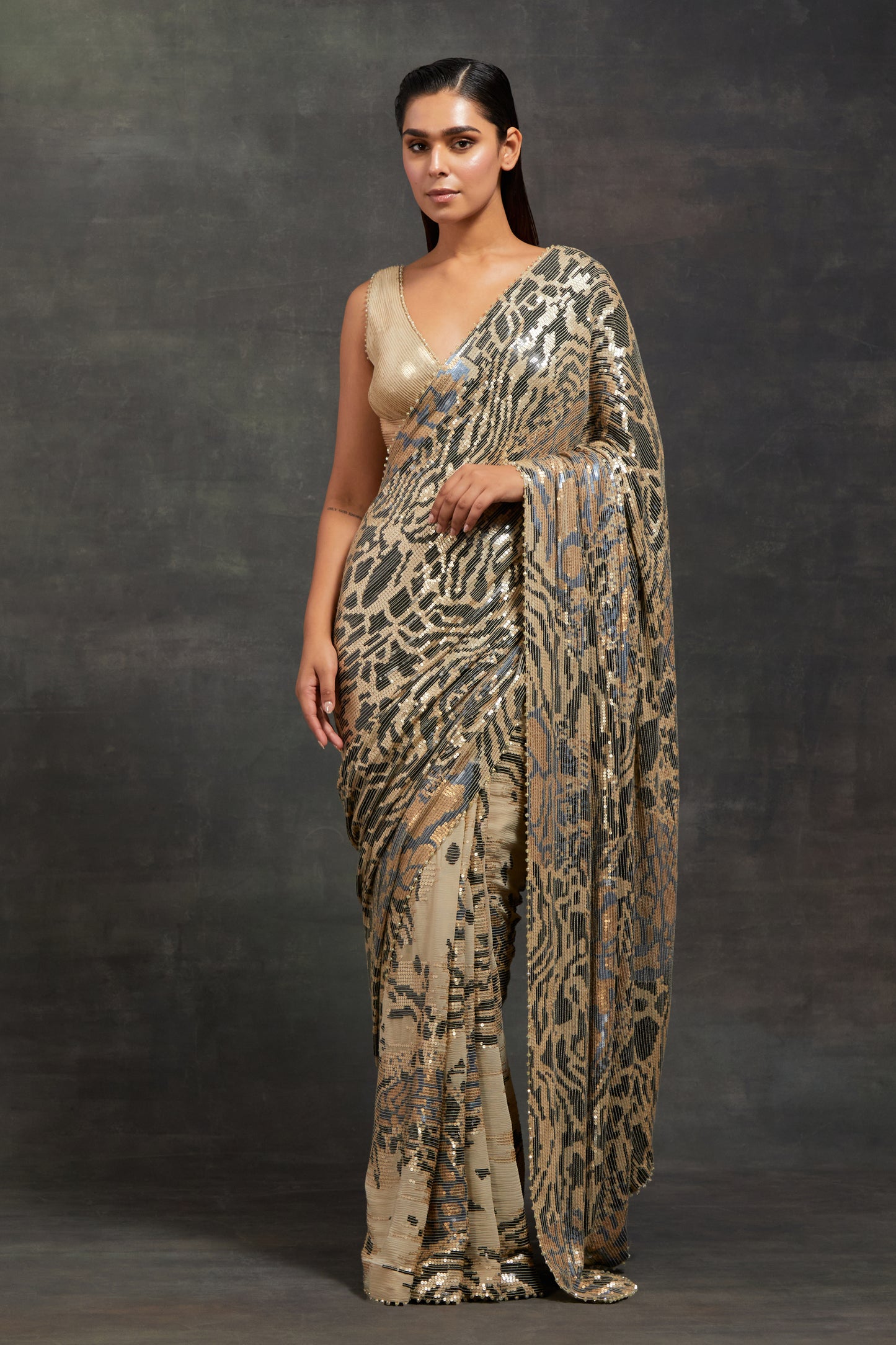 Sari Set in Sequin Embroidery in Tiger Leopard Design