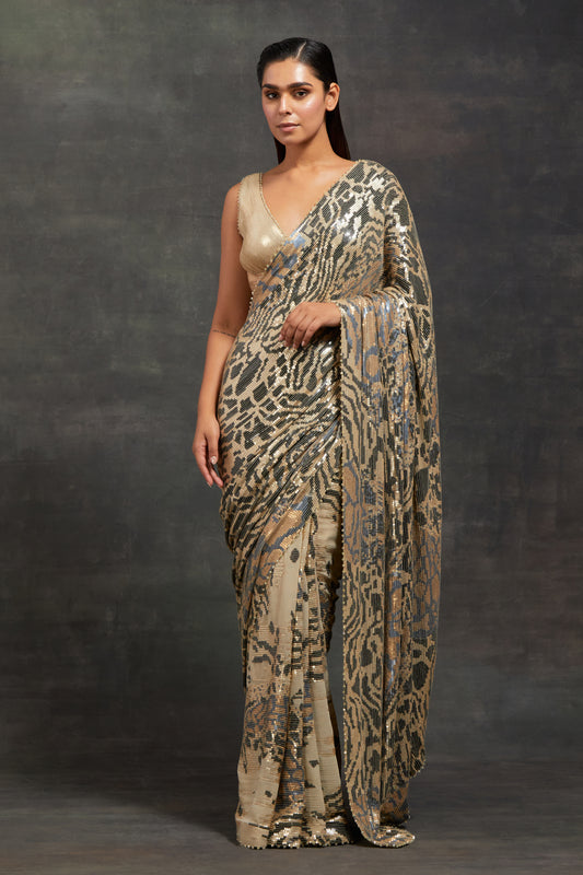 Sari Set in Sequin Embroidery in Tiger Leopard Design