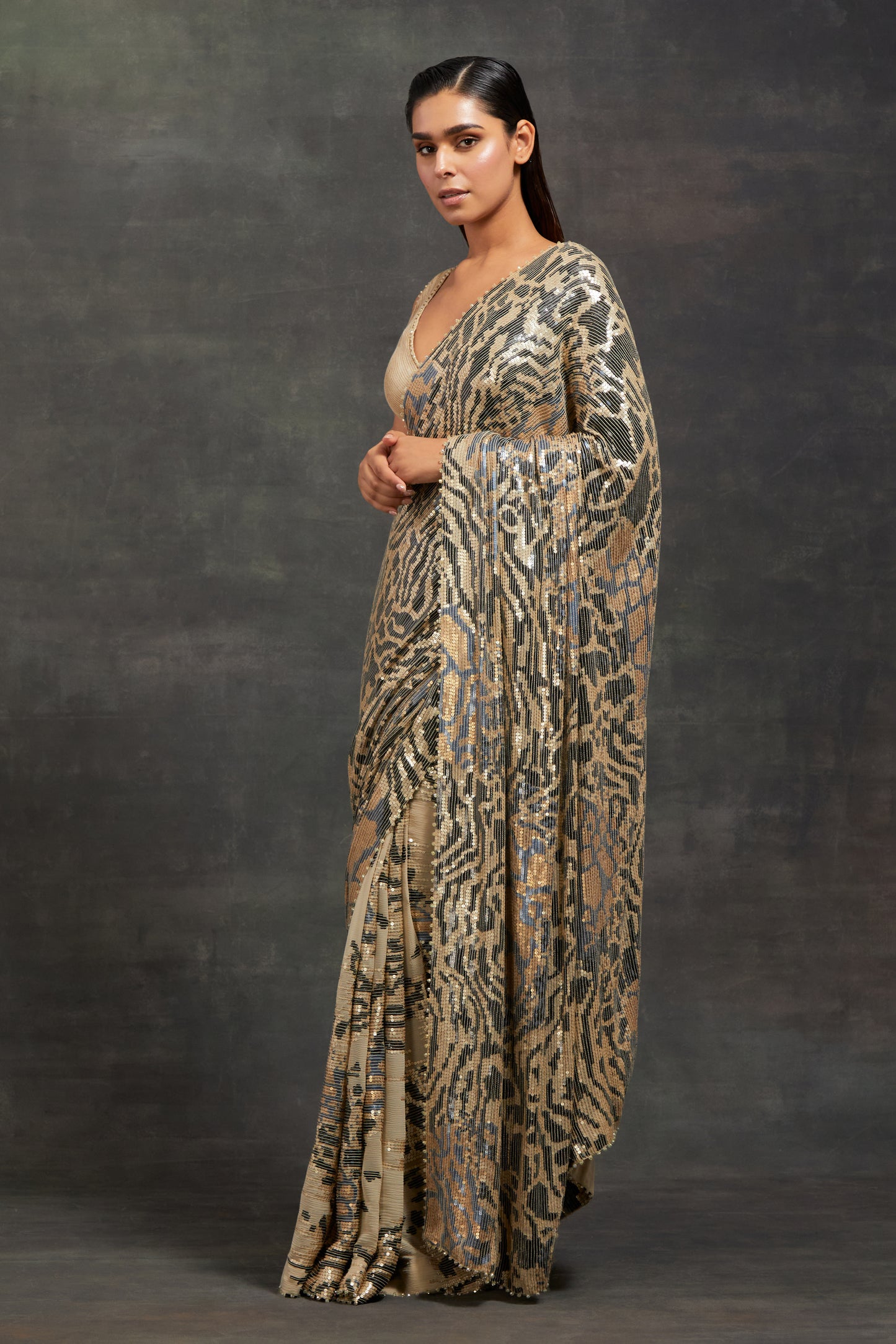 Sari Set in Sequin Embroidery in Tiger Leopard Design