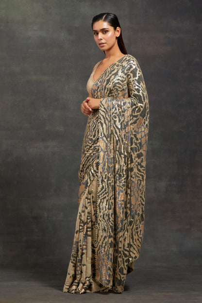 Sari Set in Sequin Embroidery in Tiger Leopard Design