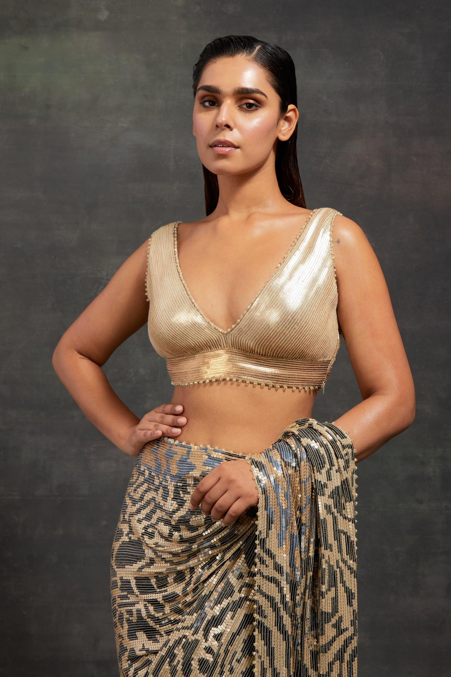 Sari Set in Sequin Embroidery in Tiger Leopard Design