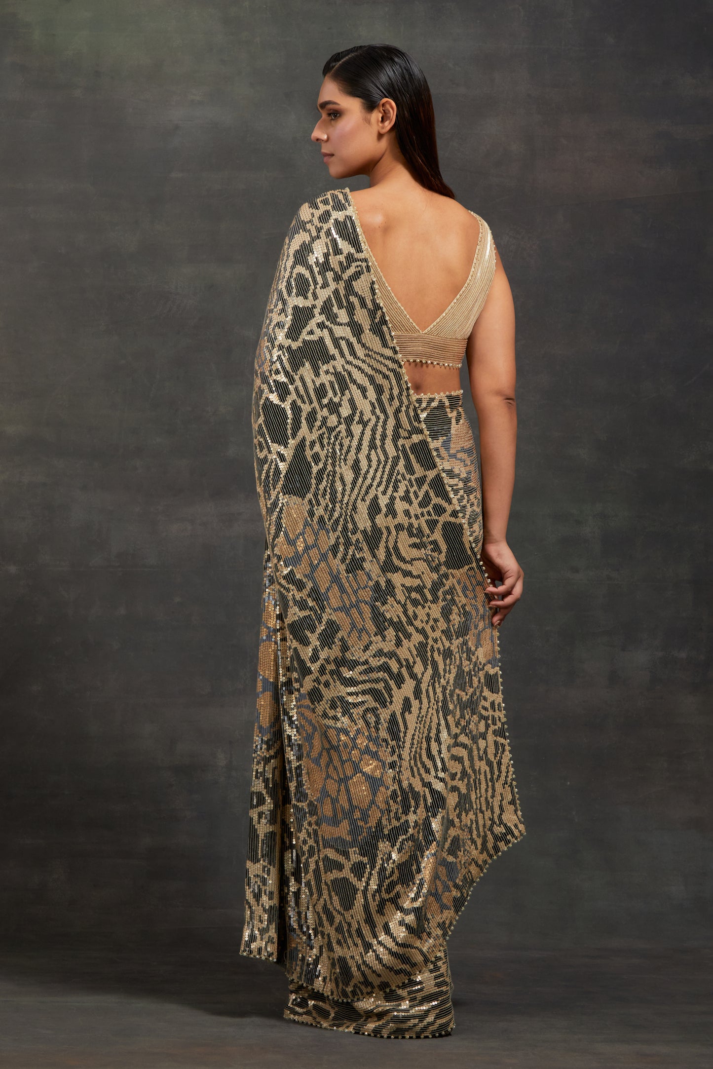 Sari Set in Sequin Embroidery in Tiger Leopard Design